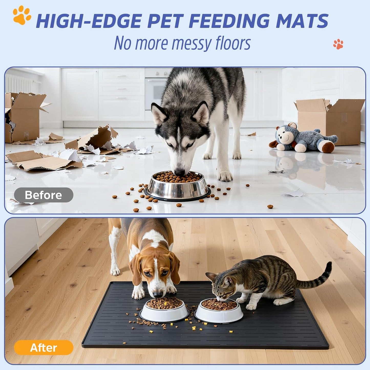 Large Dog Mats for Food and Water, 40"x30" Waterproof Pet Food Mats for Floor Nonslip Silicone Bowl Mats with Raised Edges