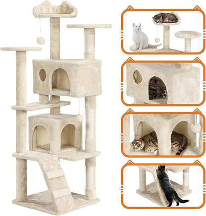Yaheetech 62in Cat Tree Cat Tower for Indoor Cats, Cat Furniture w/Double Condo, Scratching Posts, Multiple Platforms and Balls for Kittens & Cats, Beige