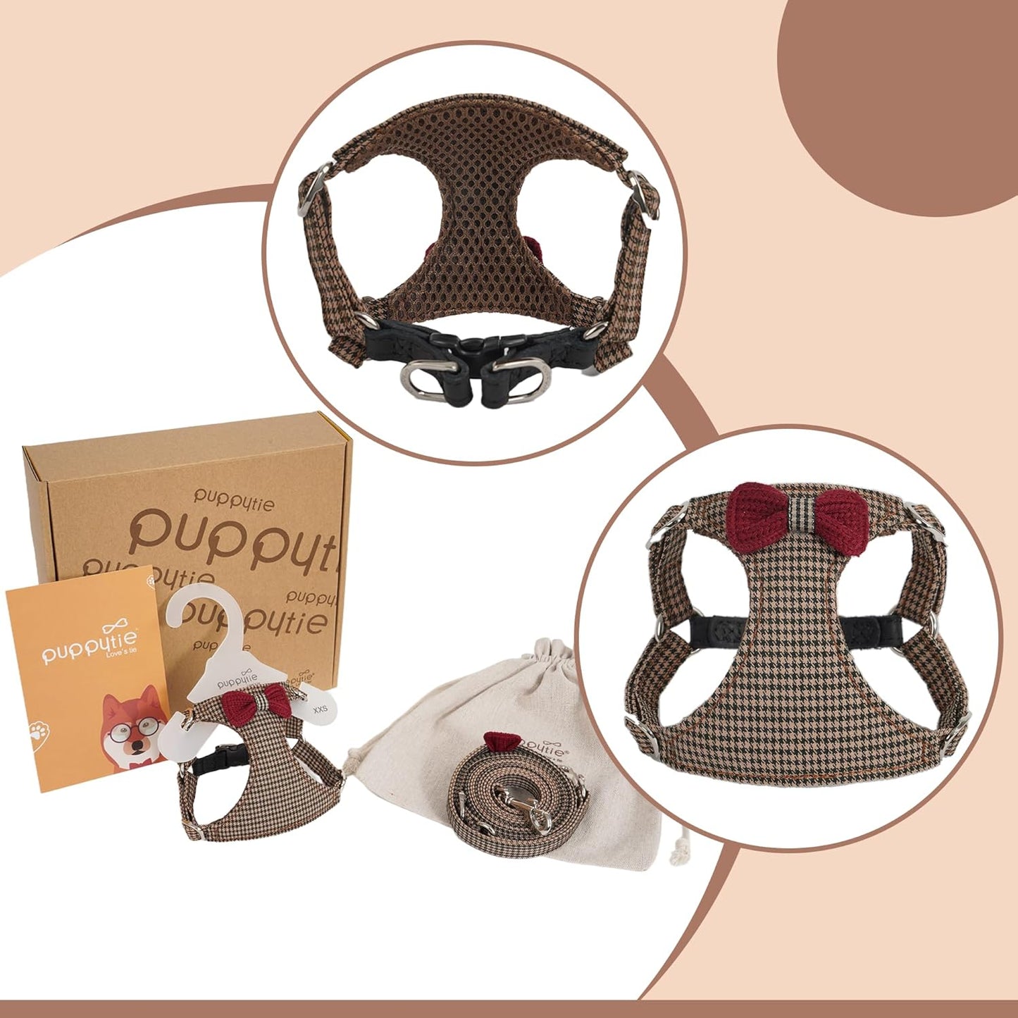 Puppytie No Pull Dog Harness with Multifunction Dog Leash,Soft Adjustable No Choke Escape Proof Pet Harness Vest for Medium Dogs,Knitted Brown,M