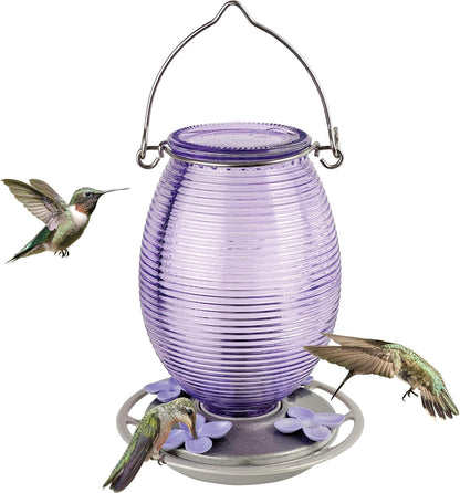 Nature's Way Hanging Glass Hummingbird Feeder for Outdoor Decor, 29 Ounce Capacity Nectar Feeder, 4 Easy to Clean Flexible Ports, Purple Lilac