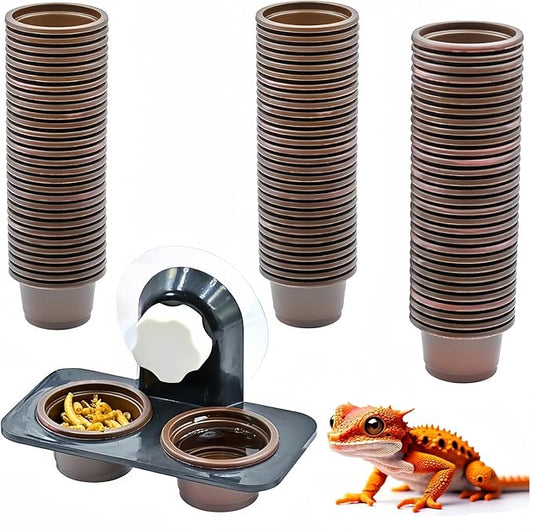 100 Cups + Feeding Ledge Enhanced, Reptile Amphibian Food Bowls and Water Dish, for Crested Gecko Lizard Or Other Small Pet Feeder Ledge Accessories Supplies, with Sustainable Cups