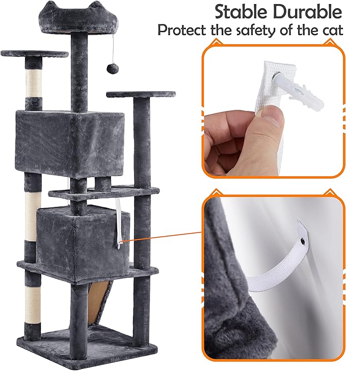 Yaheetech Cat Tree Tower, Multi-Level Large Plush Condo Cat Furniture with Sisal Scratching Posts and 2 Danglinge Balls Gray