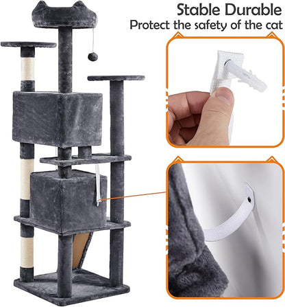 Yaheetech Cat Tree Tower, Multi-Level Large Plush Condo Cat Furniture with Sisal Scratching Posts and 2 Danglinge Balls Gray