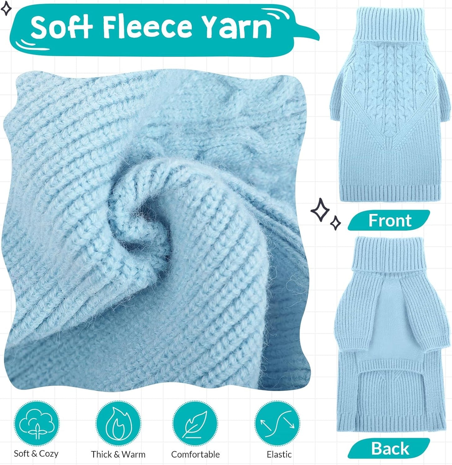 Queenmore Puppy Dog Sweeters - Long Sleeves Turtleneck Winter/Fall Sweater for Medium, Large Dogs; Solid Blue Knit; Christmas Theme; For Dog Girls & Boys