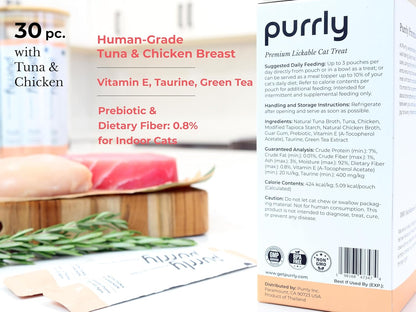 Purrly Cat Treat Topper Lickable Wet Squeezable Healthy Human-Grade Tuna & Chicken Breast with Prebiotic and Dietary Fiber for Indoor Cats (30 Count) Grain-Free Non-GMO No-Preservatives