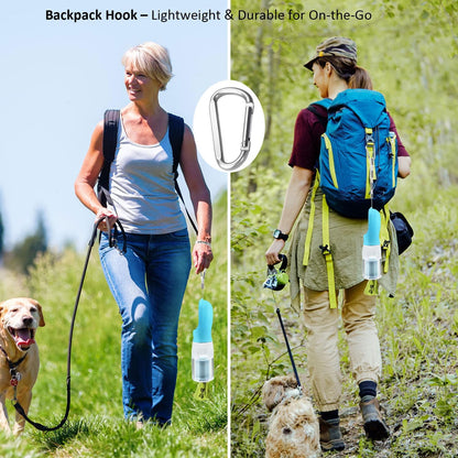 20oz Dog Water Bottle with Food Container & Poop Bag Dispenser | Leak-Proof Portable Pet Water Dispenser with Carabiner Clip | for Walking, Hiking, Travel