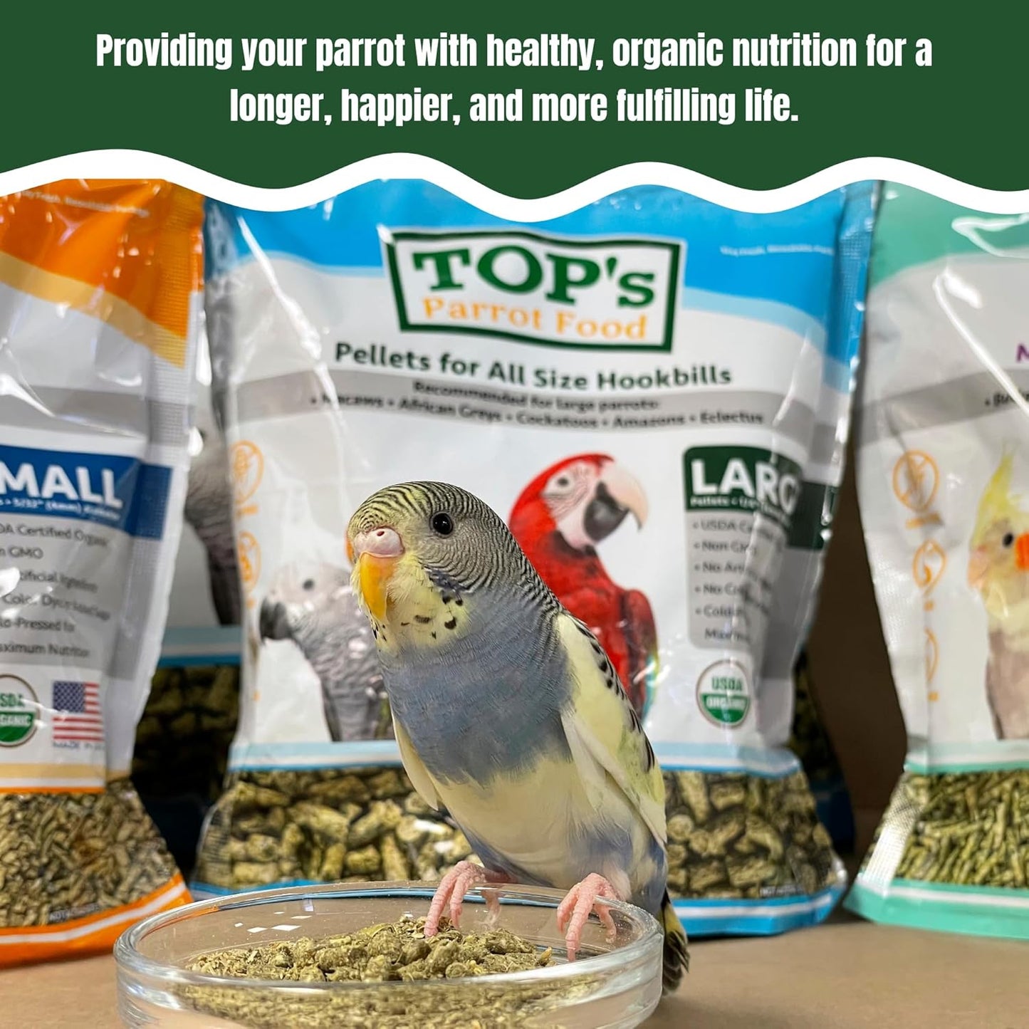 TOP's Parrot Food Bird Pellets for Small Hookbills - Non-GMO, Peanut Soy & Corn Free, USDA Organic Certified (10lbs)