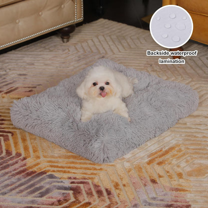 Bedfolks Plush Dog Crate Pad, Washable Faux Fur Bed for Small Dogs & Cats - 17"x12", Light Grey