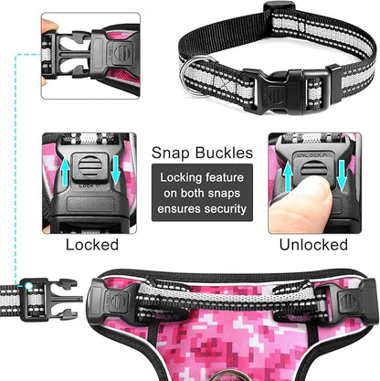 WINSEE Dog Harness No Pull, Pet Harnesses with Dog Collar, Adjustable Reflective Oxford Outdoor Vest, Front/Back Leash Clips for Small, Medium, Large, Extra Large Dogs, Easy Control Handle for Walking