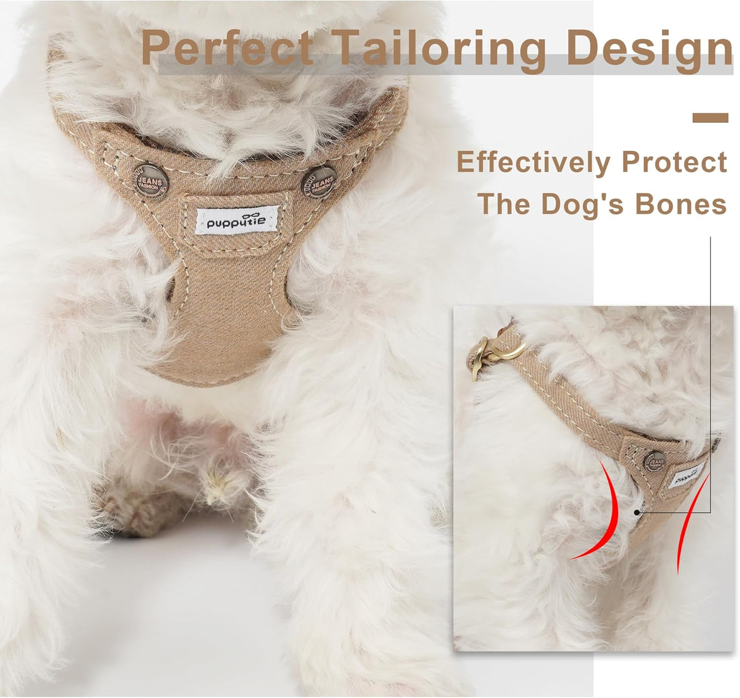 Puppytie No Pull Dog Harness with Multifunction Dog Leash,Soft Adjustable No Choke Escape Proof Pet Harness Vest for Medium Dogs,Denim Mocha Brown,M