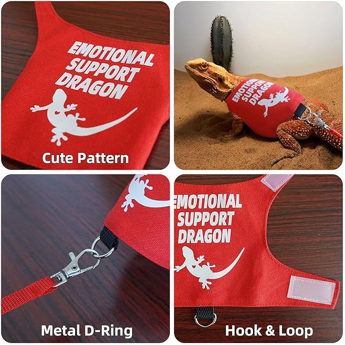 Romansk Bearded Dragon Harness and Leash Set - Escape Proof Adjustable Lizard Reptiles Harness with Short Leash for Walking Outdoor - Fun Emotional Support Dragon Designs