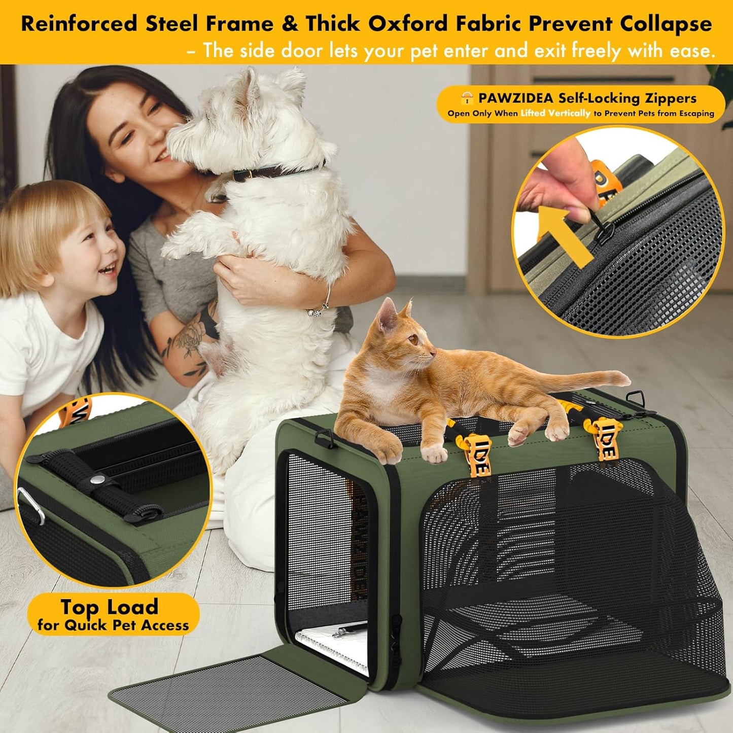 PAWZIDEA Large Pet Carrier Expandable, 24"×16"×16" Soft-Sided Cat Carrier for 2–4 Cats up 55lb, Portable & Collapsible Small Medium Dog Travel Crate for Car, XL Storage Pocket, ID Card, Shoulder Strap