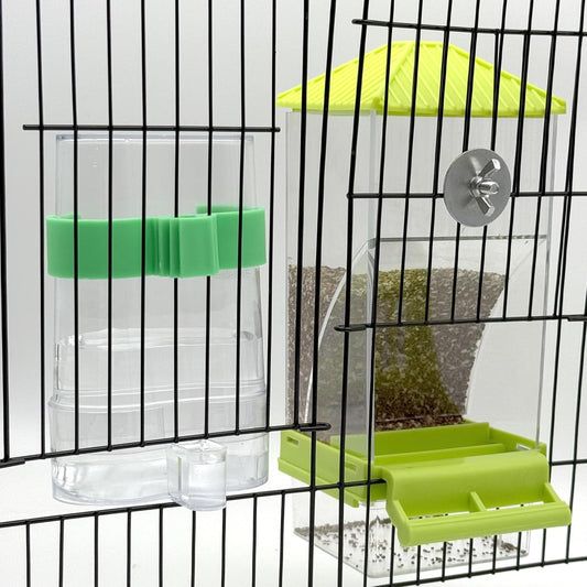 No Mess Bird Feeder Water Dispenser Set, Automatic Parrot Feeder for Cage Transparent Acrylic Food Container Drinker Cage Accessories Parakeet Cockatiel Lovebird Finch (Green)