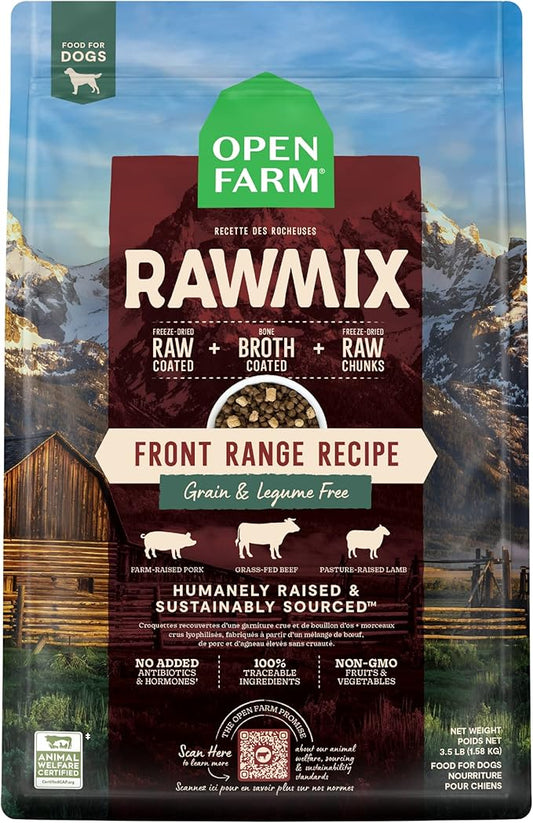 Open Farm, RawMix Grain-Free Dry Dog Food, Protein-Packed Kibble Coated in Bone Broth with Freeze Dried Raw Chunks, Beef Pork & Lamb, Front Range Recipe, 3.5lb Bag
