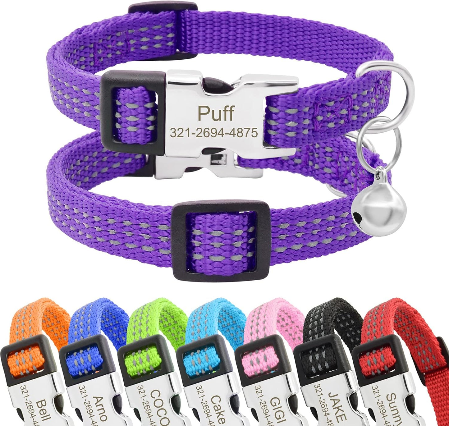 Personalized Reflective Nylon Cat Collar with Name Phone,Custom Engraved Buckle Cat Collar with Bell,Adjustable for Small Dogs Puppy Kitten (Purple,fit 7.5''-12.0'')