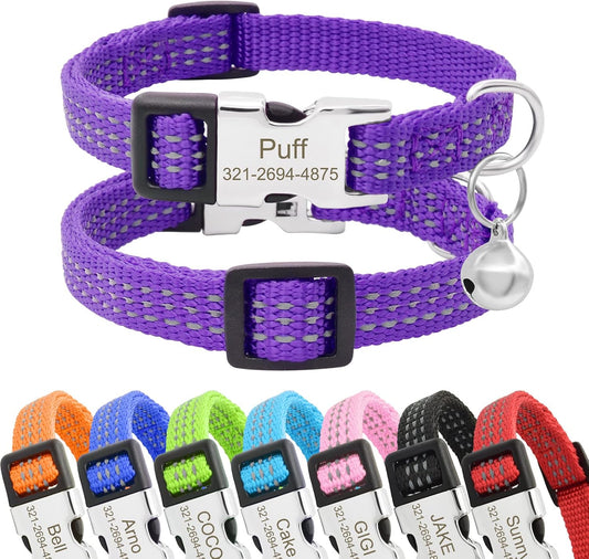Personalized Reflective Nylon Cat Collar with Name Phone,Custom Engraved Buckle Cat Collar with Bell,Adjustable for Small Dogs Puppy Kitten (Purple,fit 7.5''-12.0'')