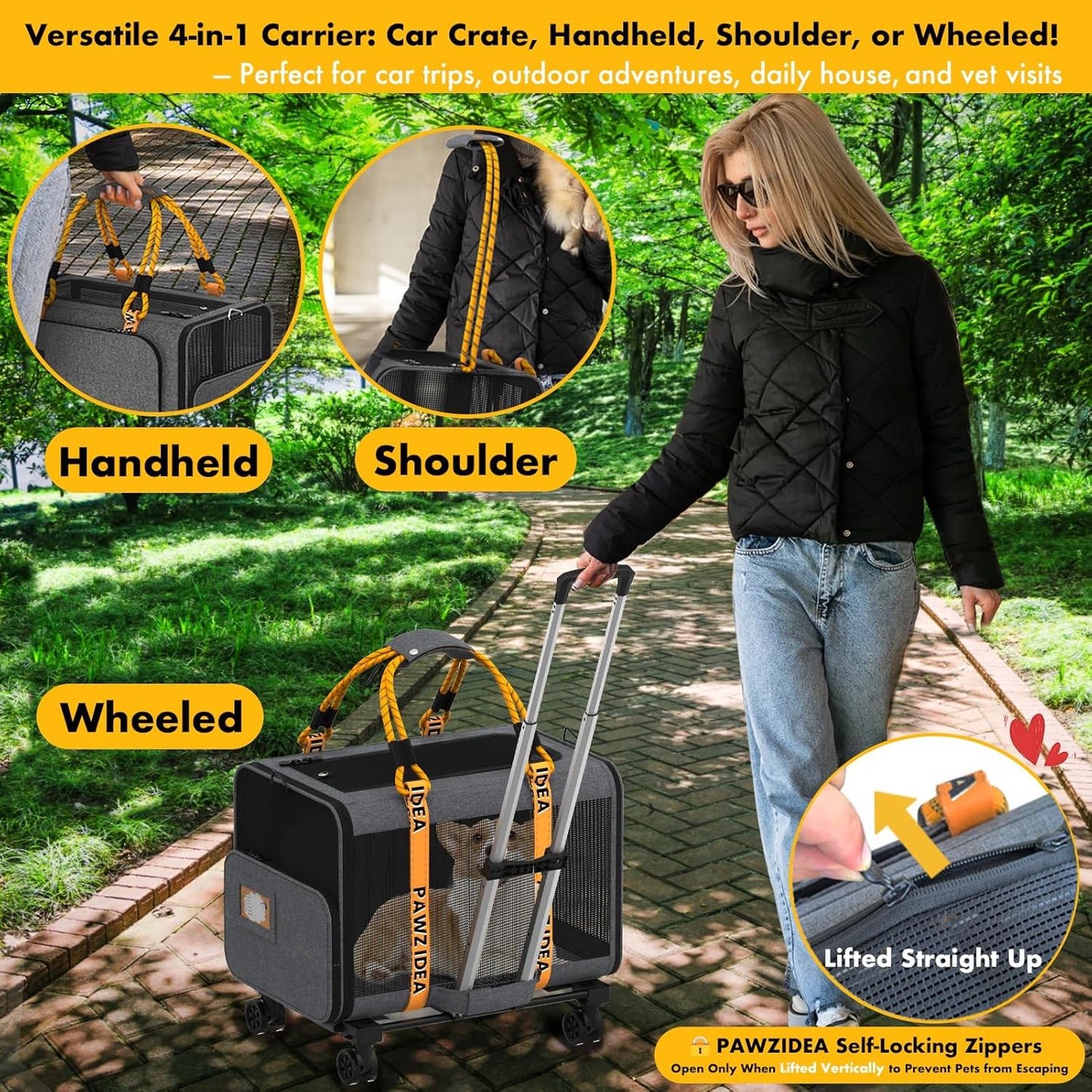 PAWZIDEA Expandable Large Pet Carrier with Wheels, 24x16x16 in Rolling Cat Carrier for 2–4 Cats up 55lb, Soft-Sided Collapsible Small Medium Dog Crate for Car Travel, Telescopic Handle, Storage Pocket