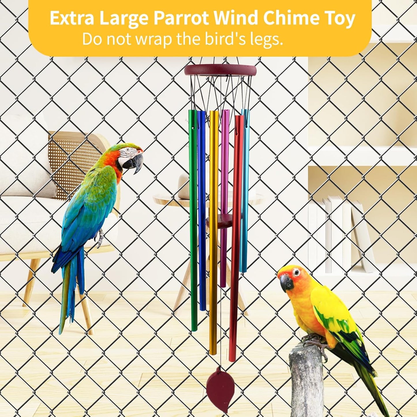 Extra-Large Bird Chewing Toys for Cage, Conure Wind Chimes Enrichment Toy with Colorful Stick, Art Hanging Decoration Bird Parrot Chime Toys for Conure, Budgie, Parakeet, Cockatiel
