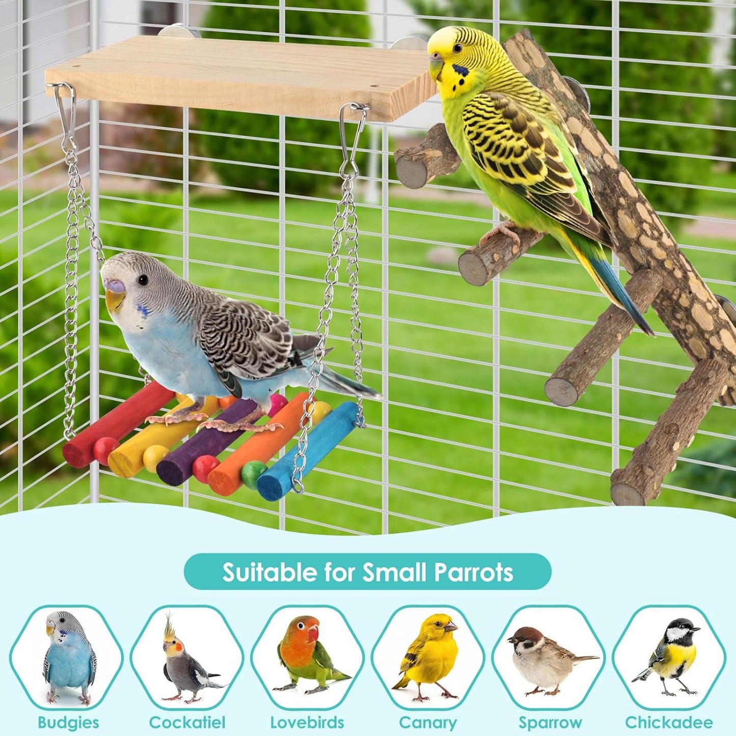 3in1 Bird Chewing Toys for Small Animal, Wooden Ladder Perch for Cage, Parrot Platform Colourful Swing Hammock Bridge Climbing Exercise Cage Accessories for Budgies Cockatiels Lovebirds Hamster