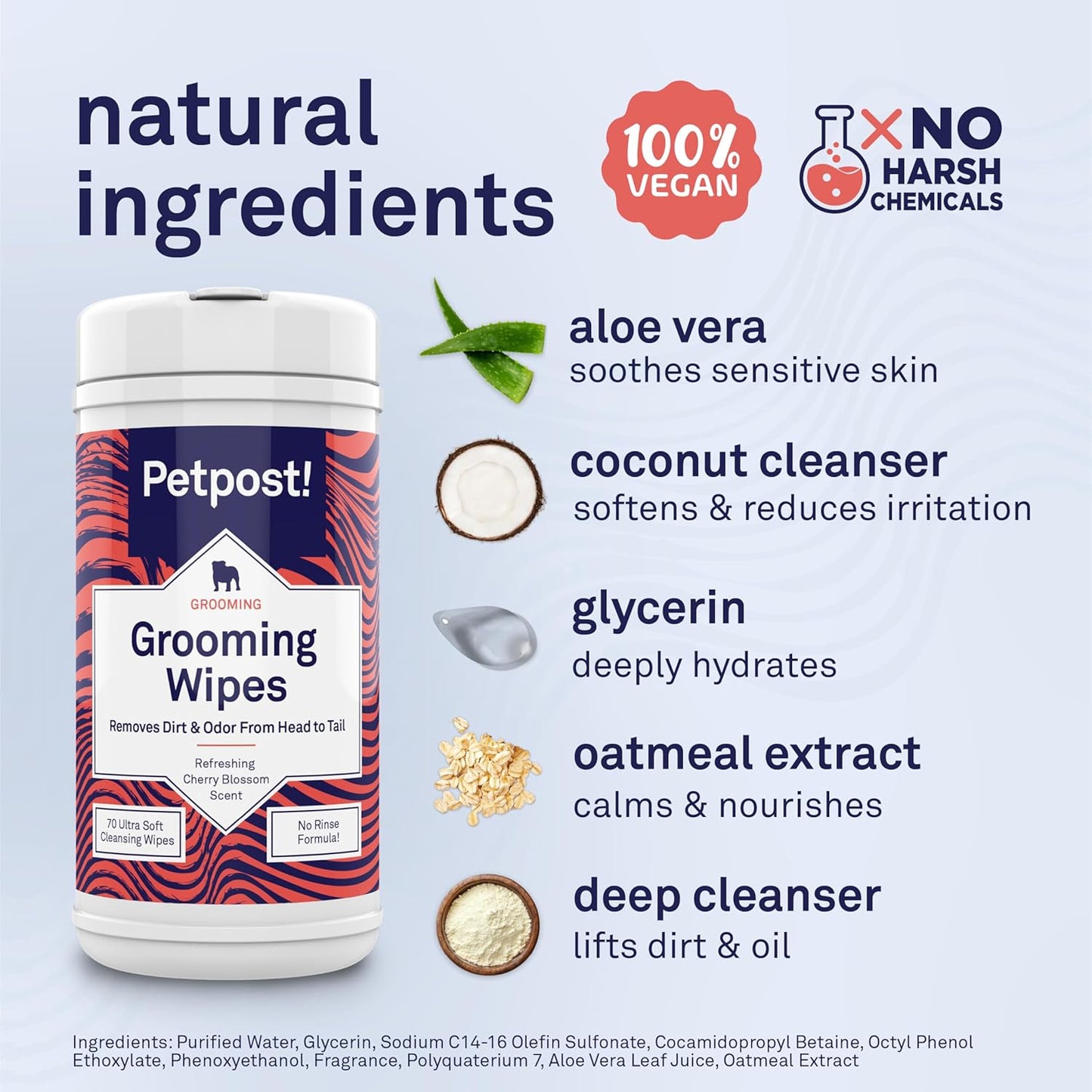 Petpost Large Grooming Wipes for Dogs | 70 Count Deodorizing Dog Cleaning Wipes with Coconut Extract & Aloe | Gentle Pet Wipes with Cherry Blossom Scent for Full-Body Grooming