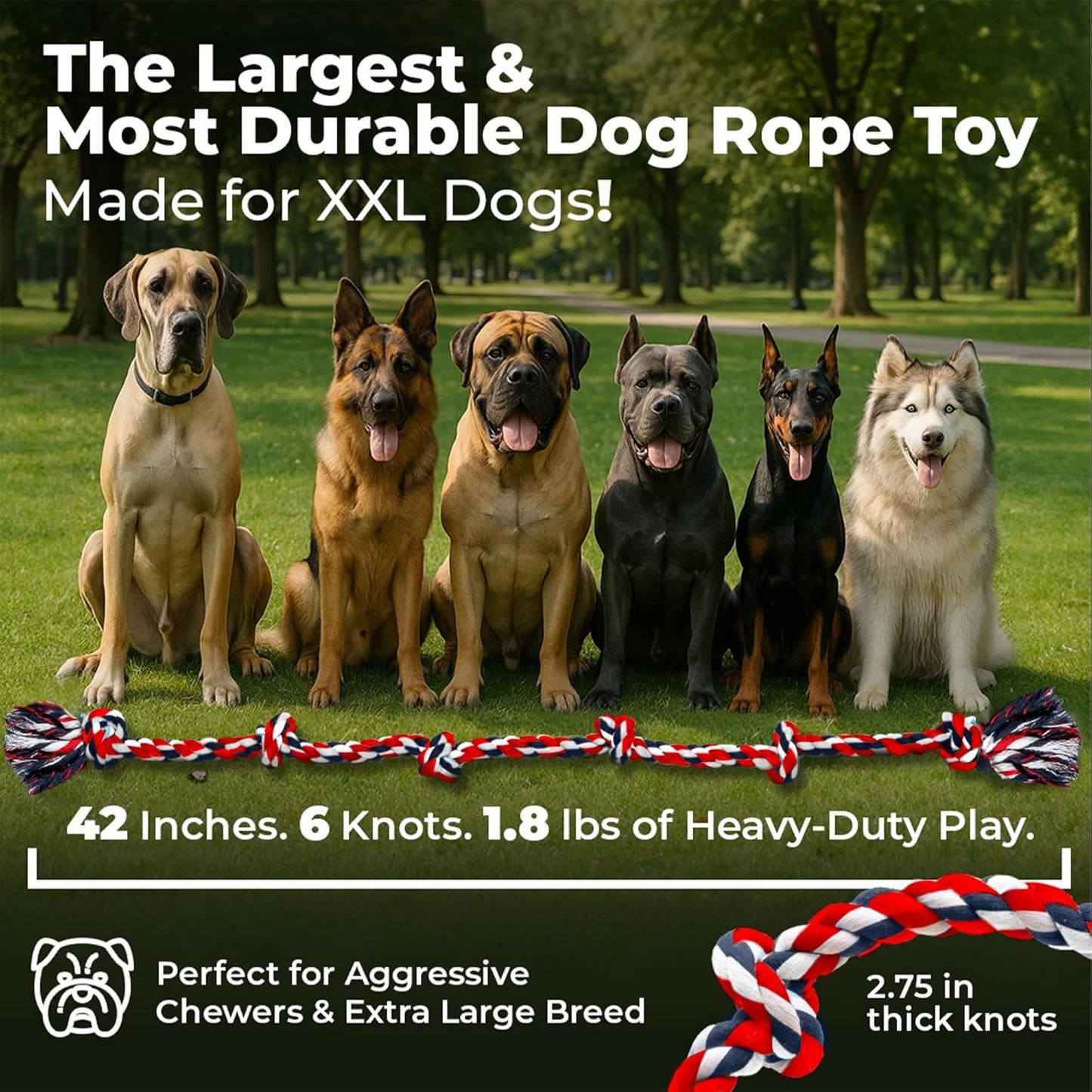 Giant Dog Rope Toys for Extra Large Dogs - 42 Inch, 6 Knot Large Tough Rope Toys for Dogs - Benefits Non-Profit Animal Rescue - Giant Indestructible Dog Toy for Aggressive Chewers (Red)