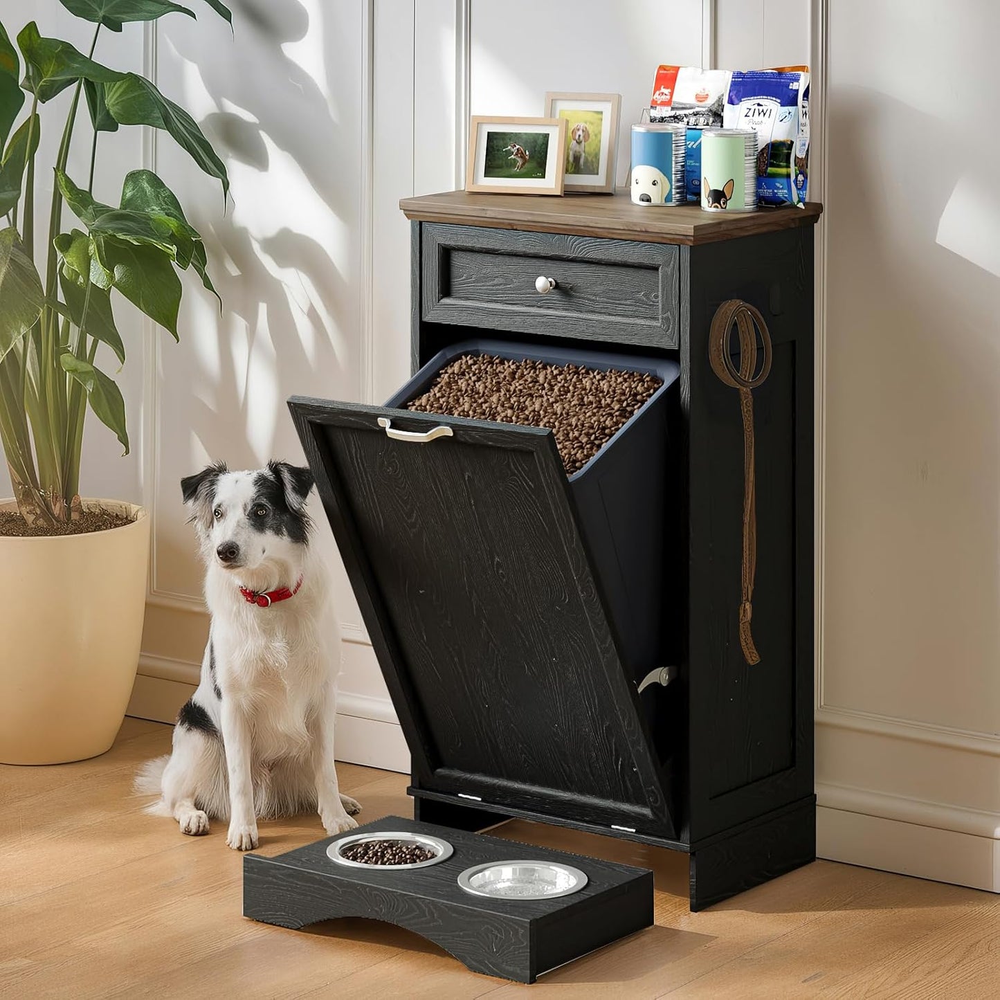 FIMELLO 13 Gallons Dog Feeding Station, Tilt-Out Dog Food Storage Cabinet with Drawer,Pet Feeder Cabinet,Black Oak