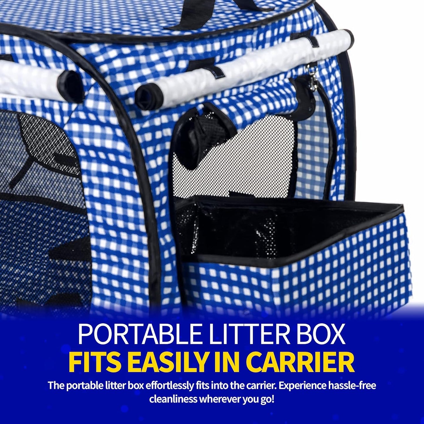 Pet Fit For Life Extra Large Cat Carrier for Travel - Foldable & Portable Collapsible Kennel with Litter Box, Feather Toy & Water/Food Bowl - Ideal for Cars, Long Trips & Indoor Cats - Blue Checkers
