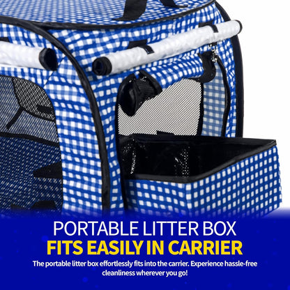 Pet Fit For Life Extra Large Cat Carrier for Travel - Foldable & Portable Collapsible Kennel with Litter Box, Feather Toy & Water/Food Bowl - Ideal for Cars, Long Trips & Indoor Cats - Blue Checkers