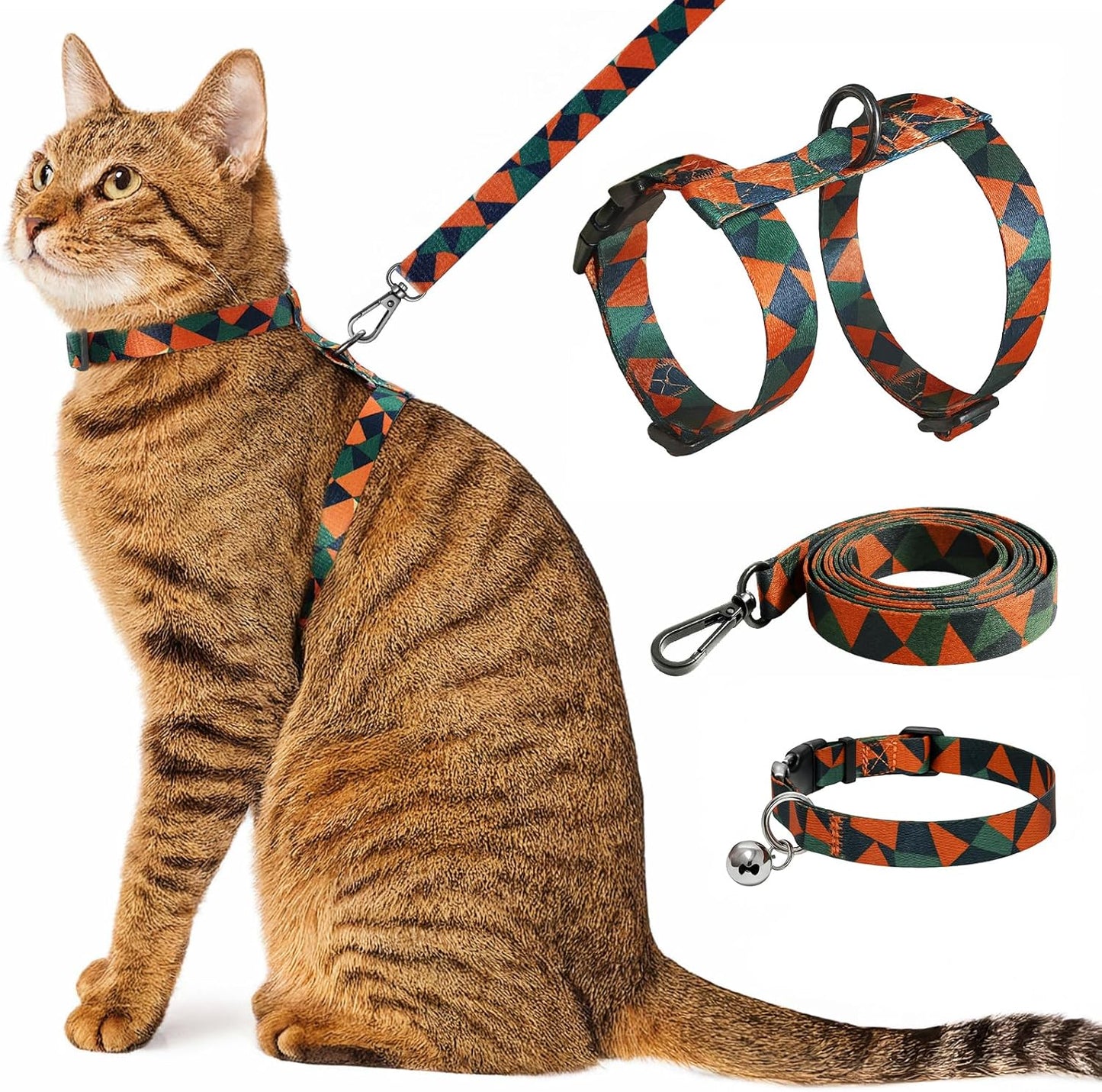 Cat Harness and Leash Set with Matching Collar – Escape Proof Harness for Cats, Adjustable & Lightweight, Geometric Print, Easy Wear for Outdoor Walking & Training
