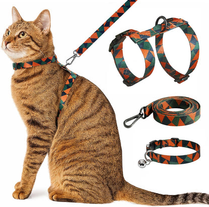 Cat Harness and Leash Set with Matching Collar – Escape Proof Harness for Cats, Adjustable & Lightweight, Geometric Print, Easy Wear for Outdoor Walking & Training