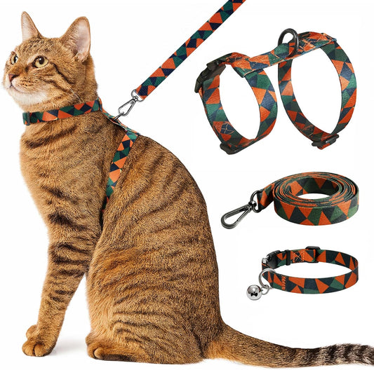 Cat Harness and Leash Set with Matching Collar – Escape Proof Harness for Cats, Adjustable & Lightweight, Geometric Print, Easy Wear for Outdoor Walking & Training