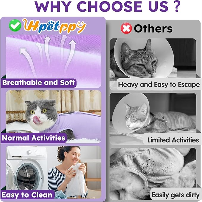 Cat Recovery Suit for Abdominal Wounds or Skin Diseases,Kitten Onesie for Cats After Surgery Wear Surgical Spay Suit for Female Cats Kitten Cone of Shame Alternative-Purple(S)