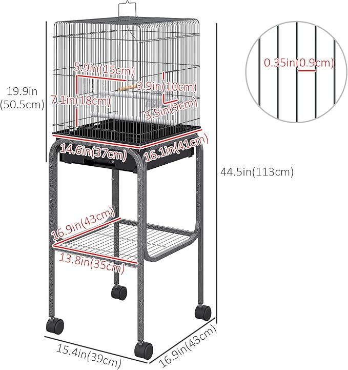 Pawhut 45-inch Metal Indoor Bird Cage, Parrot Cage, Bird Aviary with Detachable Rolling Stand, Storage Basket, and Accessories - Black