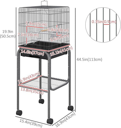 Pawhut 45-inch Metal Indoor Bird Cage, Parrot Cage, Bird Aviary with Detachable Rolling Stand, Storage Basket, and Accessories - Black