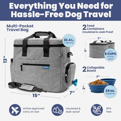 The Original Doggy Bag™- Dog Travel Bag for Supplies - Ultimate Gift for Dog Moms & Dads, Doggy Lovers & Pet Owners for Christmas- Includes 2 BPA-Free Travel Bowls and 2 Food Containers: Grey