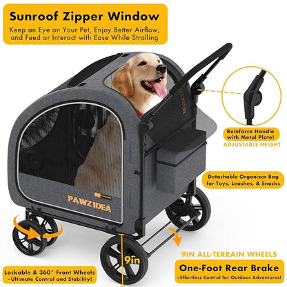 PAWZIDEA Large Dog Stroller with Detachable Carrier, Portable Dog Crate for Car Travel, Multiple Pet Strollers for Medium Dogs up to 80lbs, Adjustable Handle, All-Terrain 9” Wheels, Storage Organizer