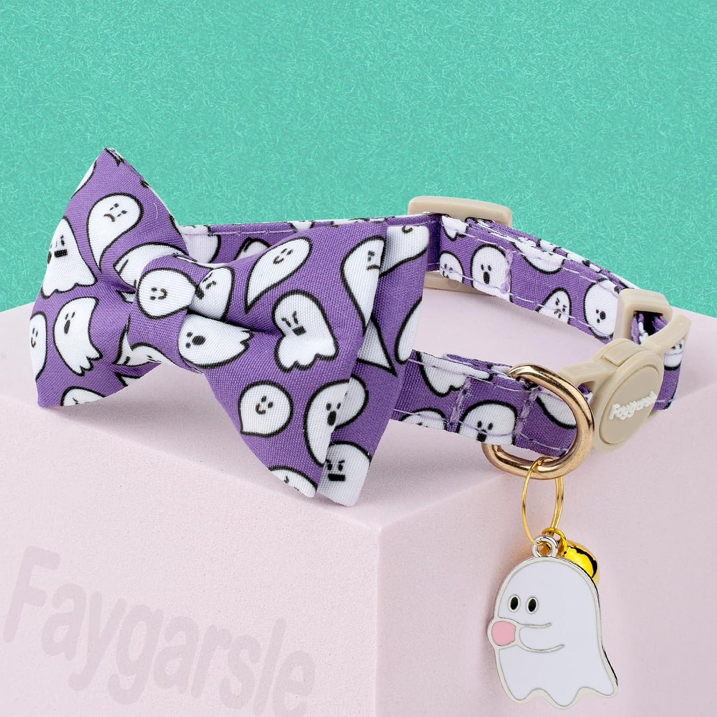 Faygarsle 2 Pack Halloween Cat Collar with Bowtie and Bell, Breakaway Safety Buckle, Ghost Pattern, Orange and Light Purple