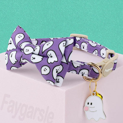 Faygarsle 2 Pack Halloween Cat Collar with Bowtie and Bell, Breakaway Safety Buckle, Ghost Pattern, Orange and Light Purple