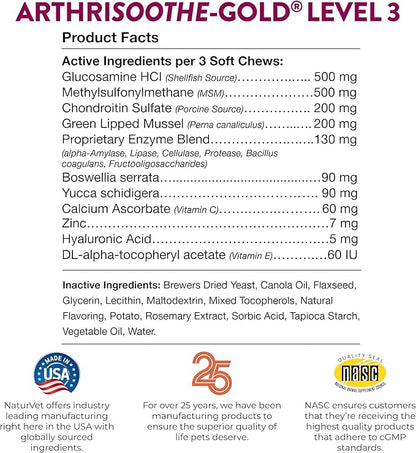 NaturVet ArthriSoothe-Gold Level 3 Advanced Joint Care for Dogs – Soft Chew Dog Supplement with Glucosamine, MSM, Chondroitin & Hyaluronic Acid – Wheat-Free Pet Supplements – 180 Ct.