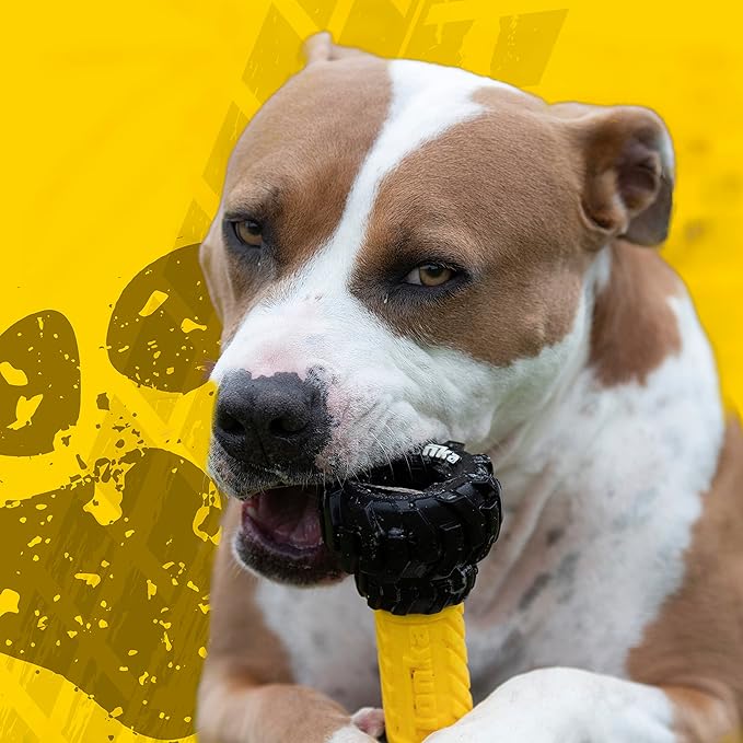 Tonka Axle Tread Dog Toy with Interactive Feeder, Lightweight, Durable and Water Resistant, 7 Inches, for Medium/Large Breeds, Single Unit, Yellow/Black