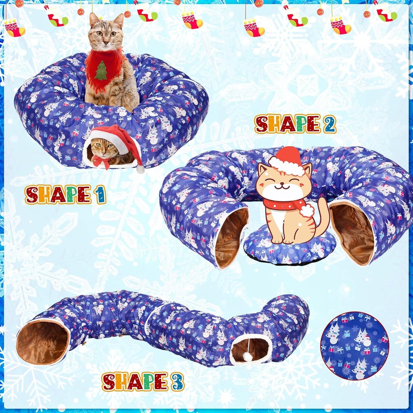 Christmas Cat Tunnel Bed for Indoor Cats Under Christmas Tree Skirt Tube with Hanging Ball Plush Cat Cave, Washable Holiday Pet Gift Toy & Gift for Kittens(Snowman)