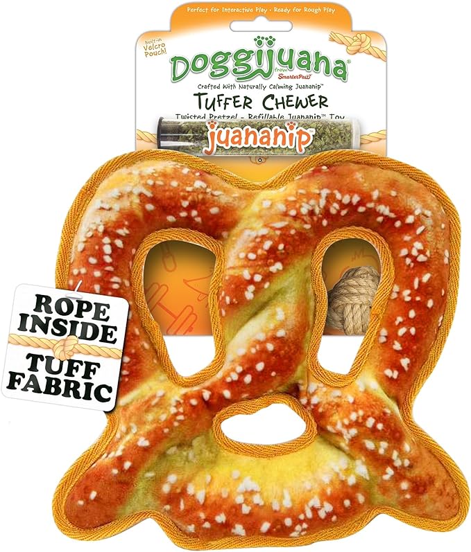 Doggijuana Tuffer Chewer Plush Dog Toy | Funny Dog Toy Plush with Juananip Catnip for Dogs | Calming Aid for Dogs | Interactive Squeaky Chew Toy for Play (Pretzel)