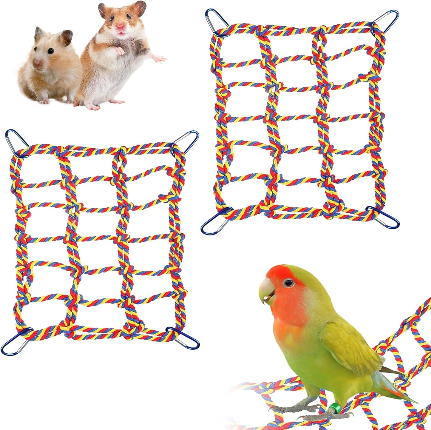 2 Pcs Rat Climbing Ropes for Cage Accessories - Bird Rope Rat Toys - 12.6 x 9.84 inch Hammock - Cotton Rope Bridge - Bird Ladder with 4 Silver Hooks