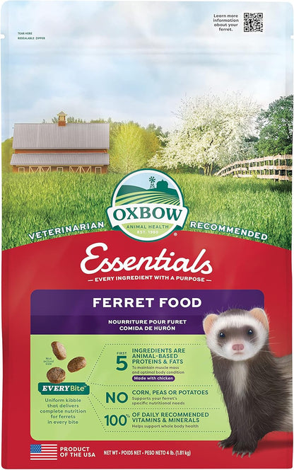 Oxbow Animal Health Oxbow Essentials Ferret Food, Vitamin & Mineral Rich Formula for Ferret, High Protein Food & High Fat, Small Animal Pet Products, Made in USA, 4 lb Bag