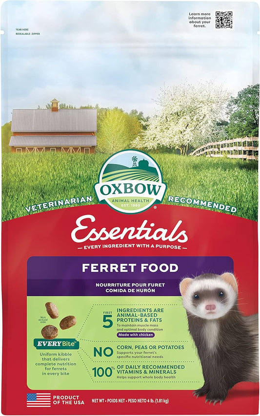 Oxbow Animal Health Oxbow Essentials Ferret Food, Vitamin & Mineral Rich Formula for Ferret, High Protein Food & High Fat, Small Animal Pet Products, Made in USA, 4 lb Bag