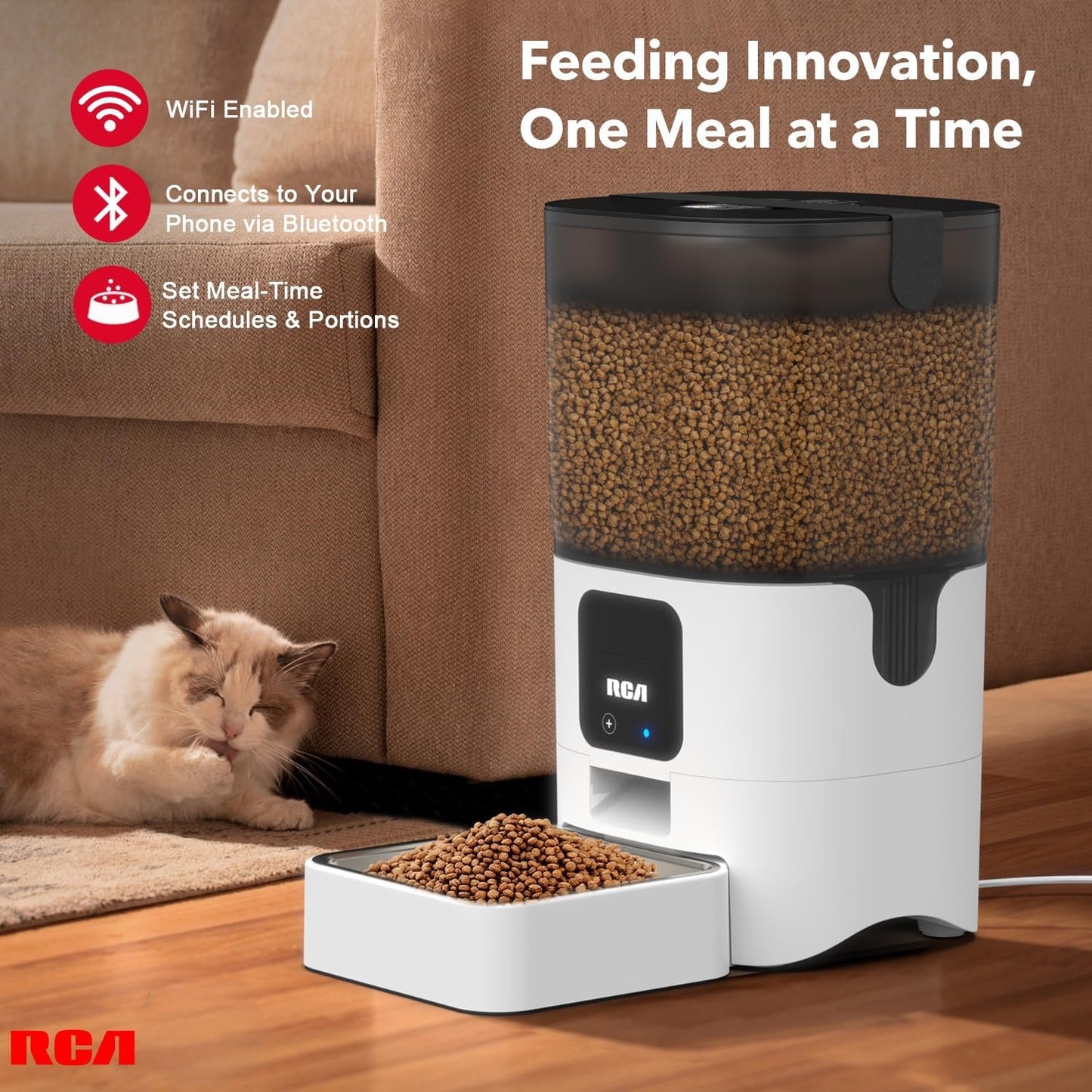 RCA Pet Rabbit, Cat & Dog Feeder, 6-Liters | Smart, WiFi, RCA App Control for Remote Feeding, Dishwasher Safe Bowls, Compatible with Alexa & Google, BPA-Free Materials