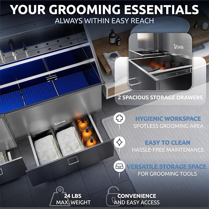 KANIS Professional Dog Washing Station - 304 Stainless Steel Pet Wash Sink & Grooming Bathtub w/Shower, Floor Grates and Storage for Large, Medium & Small Pets (50", 2 Drawers - Left Ramp)