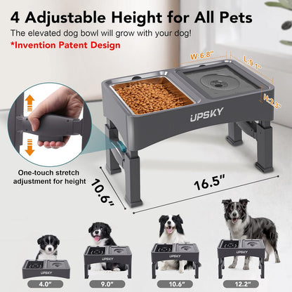UPSKY 3-in-1 Elevated Dog Bowls Slow Feeder, Adjustable Stand, No Spill Water Dispenser, Stainless Steel Food & Water Bowl for Small Medium Dogs