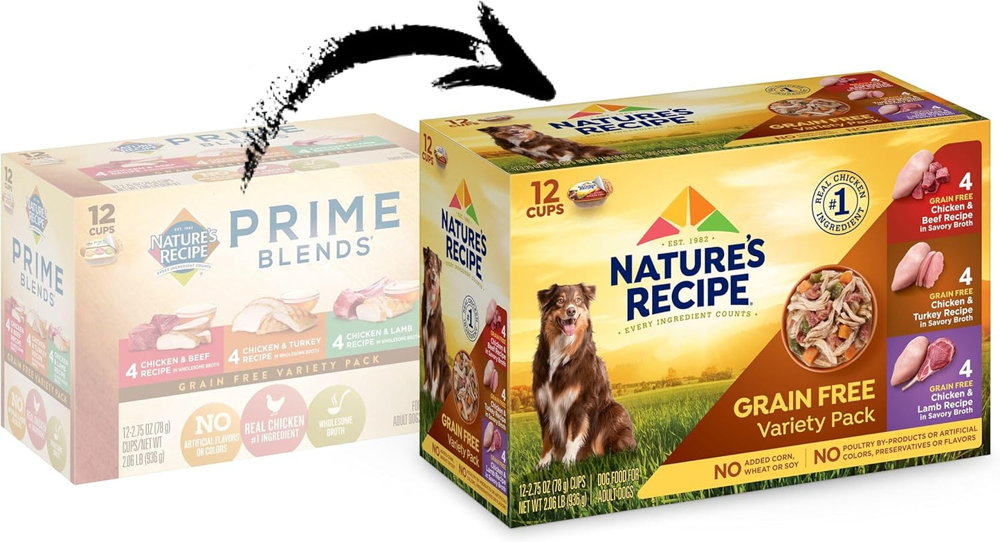Nature's Recipe Grain Free Wet Dog Food Variety Pack, Chicken Recipes with Beef, Turkey & Lamb in Savory Broth, 2.75 oz. Cups (Pack of 12), 2 Count