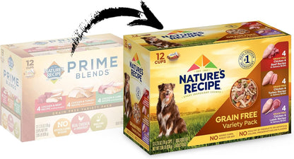Nature's Recipe Grain Free Wet Dog Food Variety Pack, Chicken Recipes with Beef, Turkey & Lamb in Savory Broth, 2.75 oz. Cups (Pack of 12), 2 Count